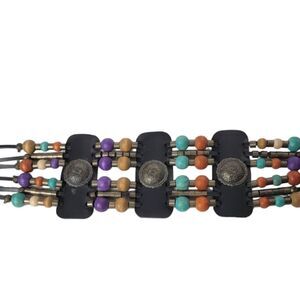 Vintage beaded leather belt Adjustable orange aqua blue silver black Hippie